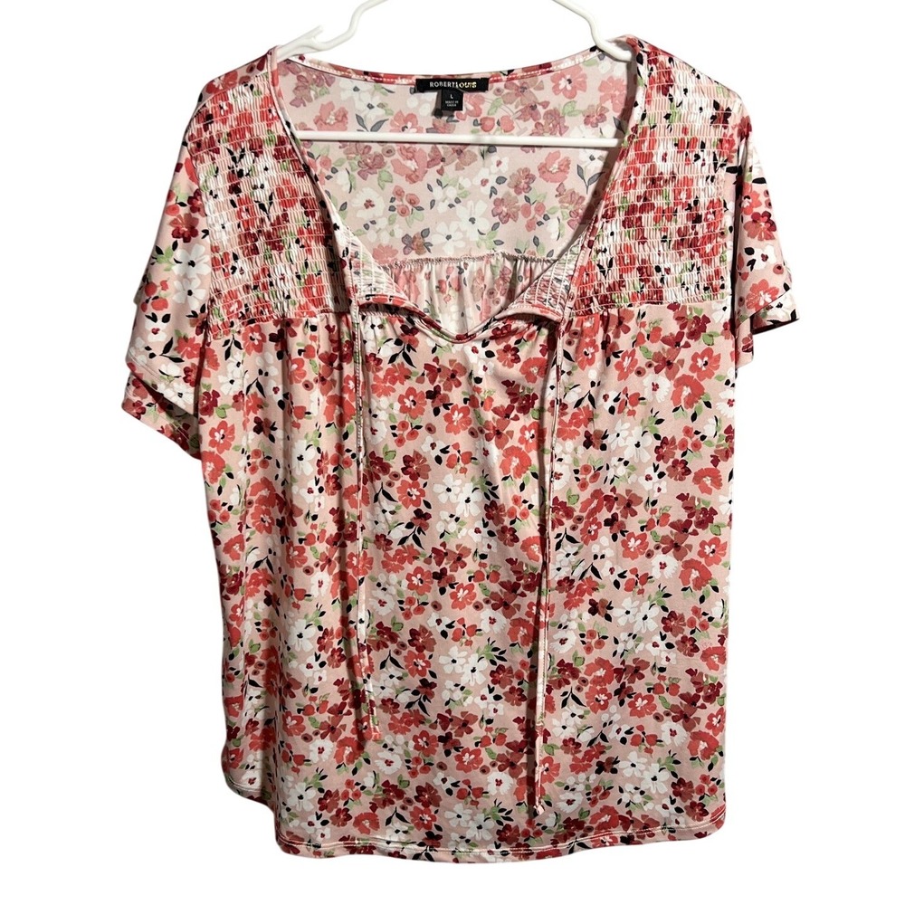 ROBERT LOUIS Women's L Pink Floral Smocked Tie Neck Peasant Blouse Top Short